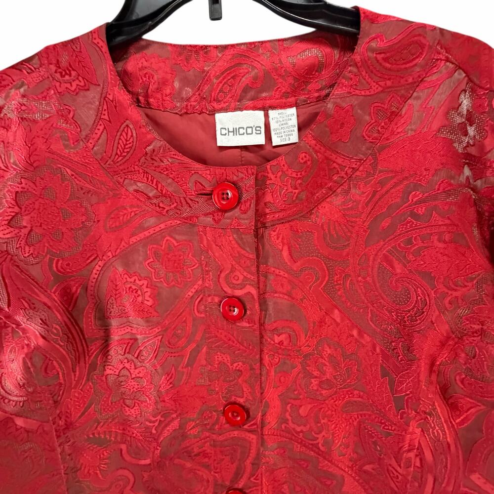 Chicos Textured Jacket Womens XL 3 Red Floral Paisley Button Up Romantic Holiday - Picture 3 of 14
